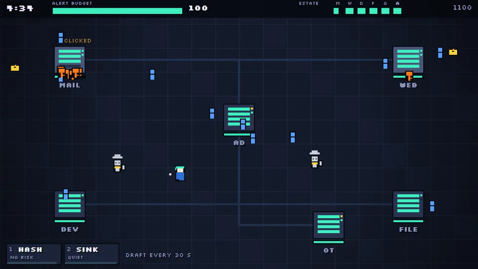 Alert Heaven mid-shift: a pixel-art server-room floor with clusters, staff and attackers