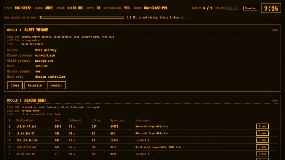 Nobody Gets Breached mid-shift: an amber incident console with a ticket header, a clock and two open modules