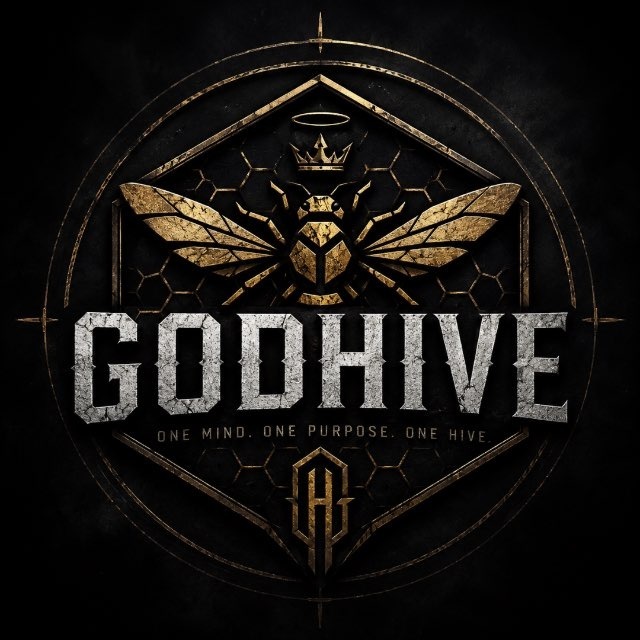 godhive's crest: a gold hexagonal bee-and-crown emblem over the wordmark GODHIVE and the tagline one mind, one purpose, one hive